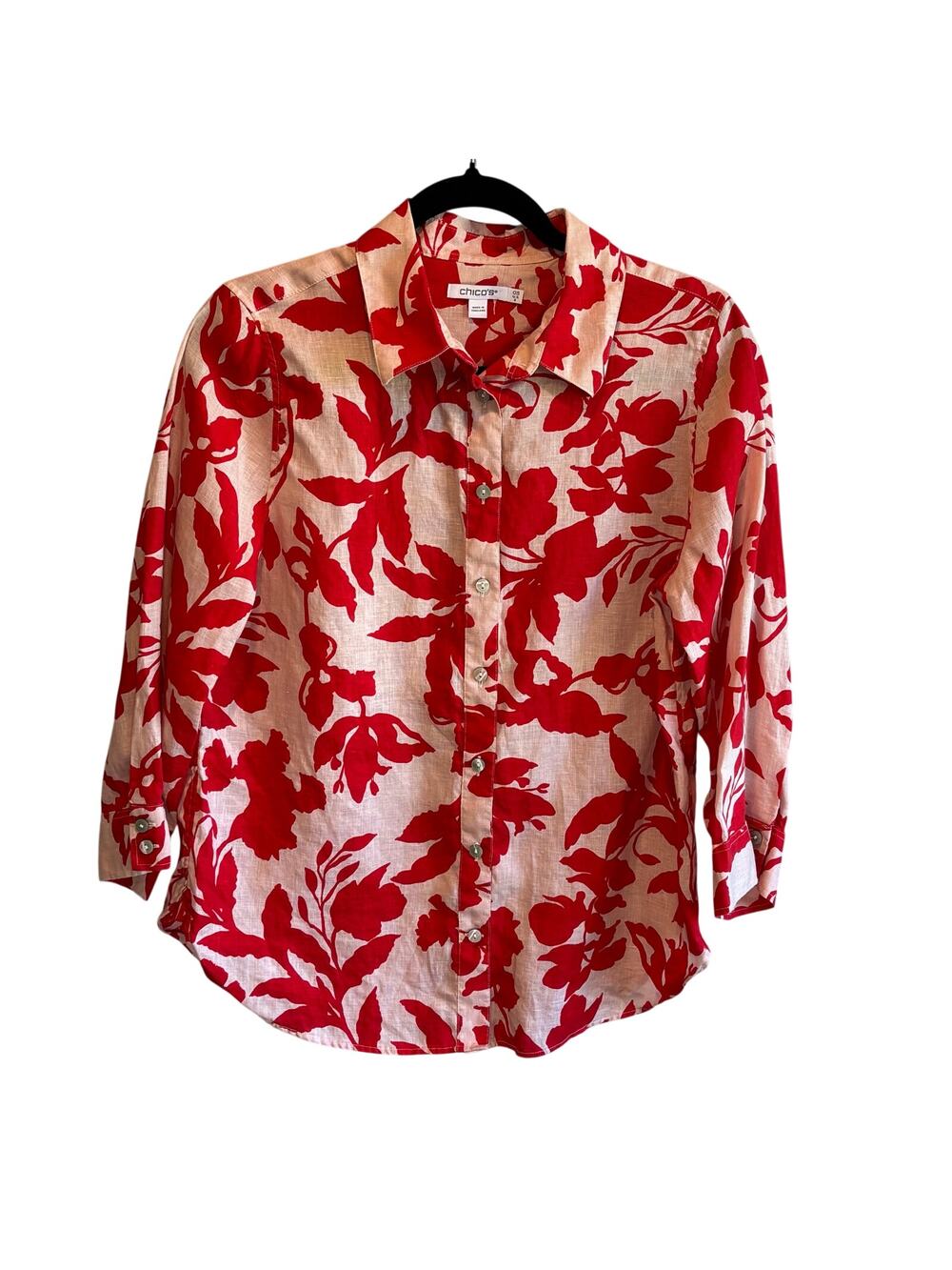 Chico's Red & Pink Tropical Floral Print Linen Button Down Shirt - 0.5 (US 6)